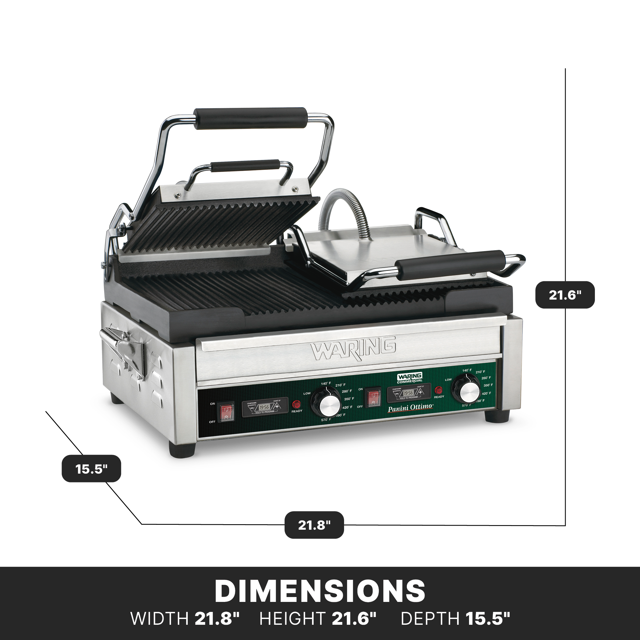 Double Ribbed Panini Grill with Timer, 17" x 9.5"